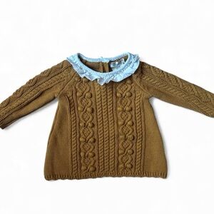 Max Studio Baby Cable Knit Sweater Dress Ruffle Collar Tan Knit Long Sleeve 0-3